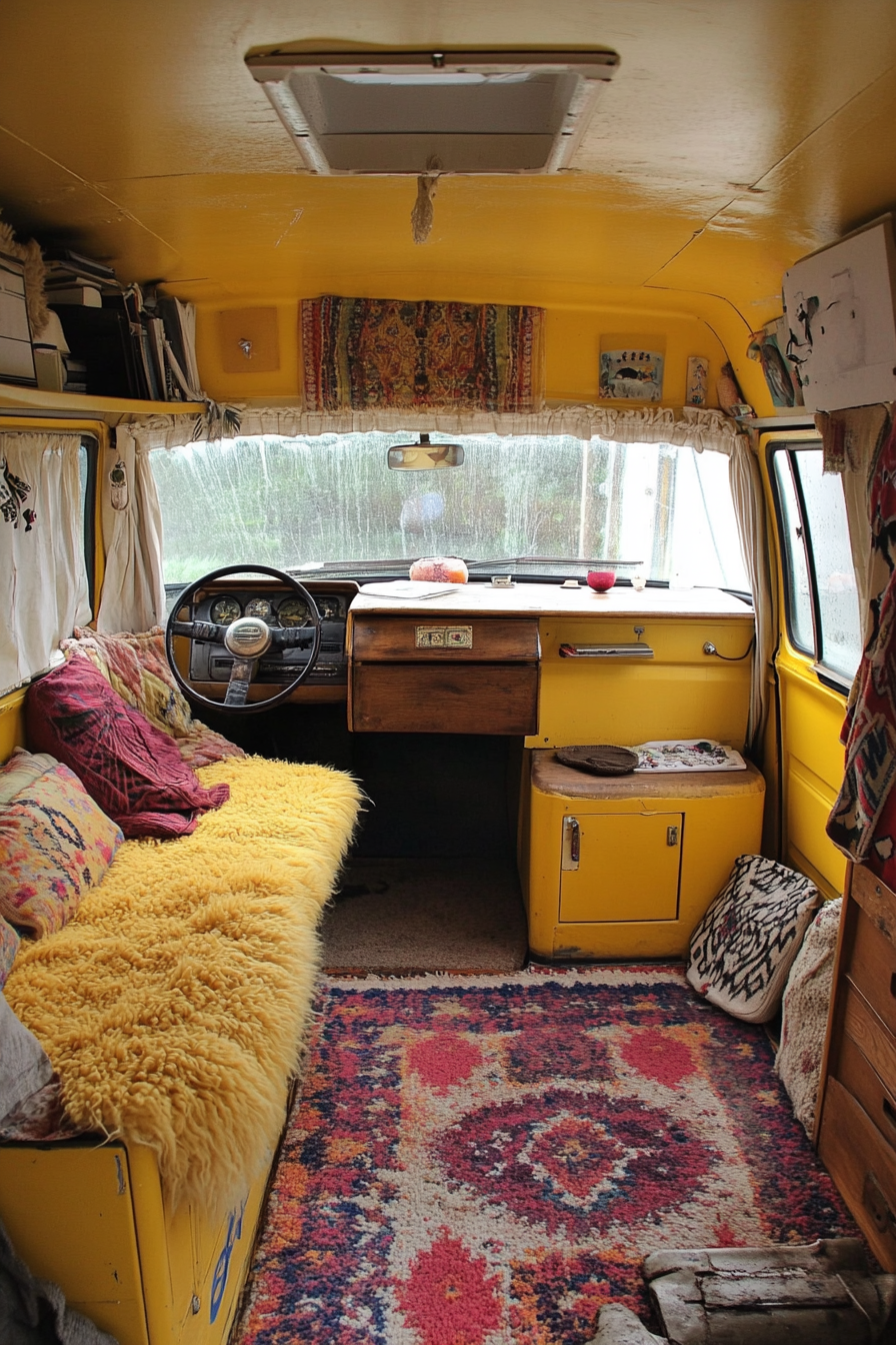 Hippie camper van. Yellow exterior, shag carpet office space, antique wooden mini desk.