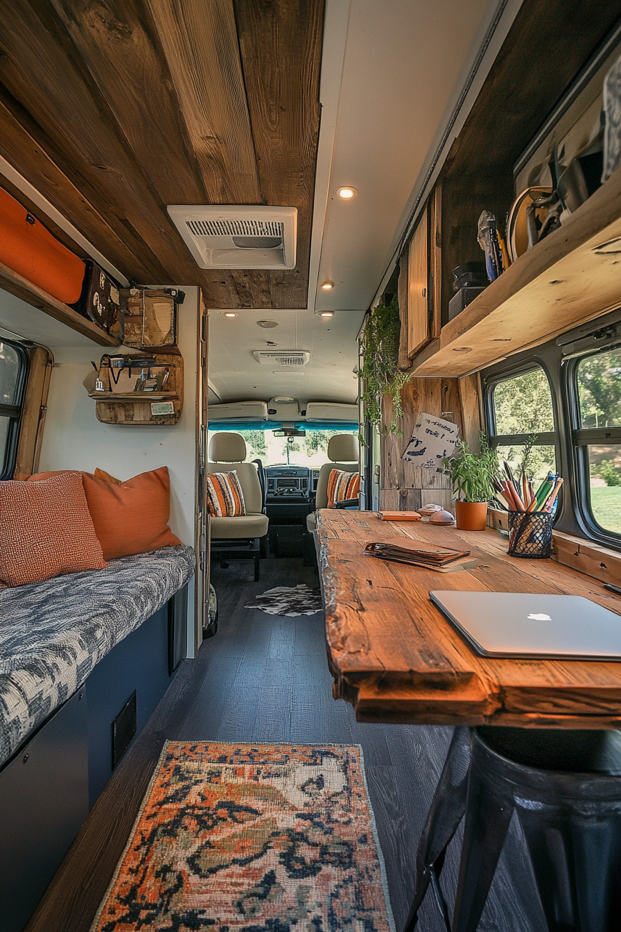 Functional mobile office space with vintage wooden desk inside a classic RV.