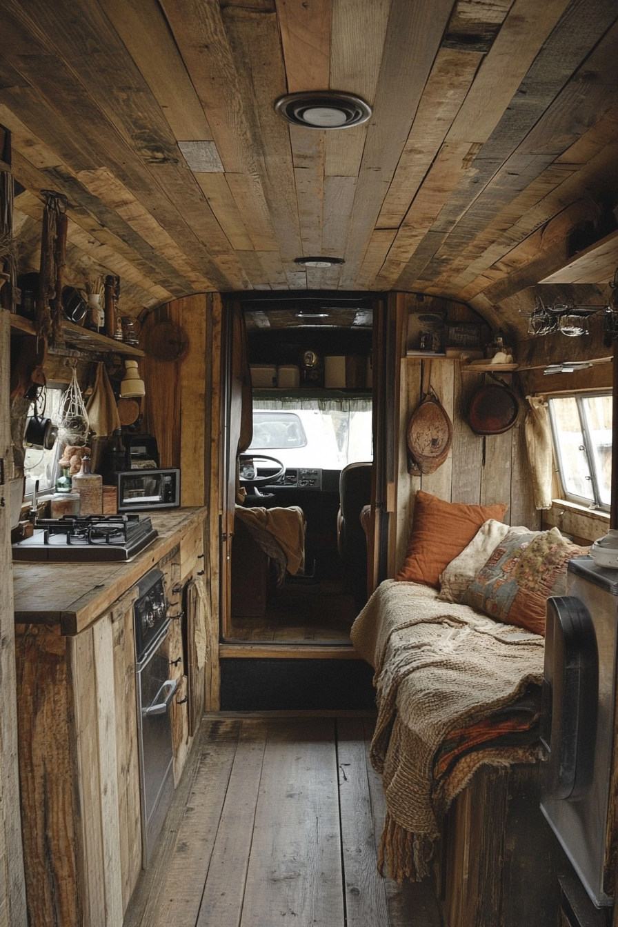 Camper van. Rustic wood interior with industrial steel accents.