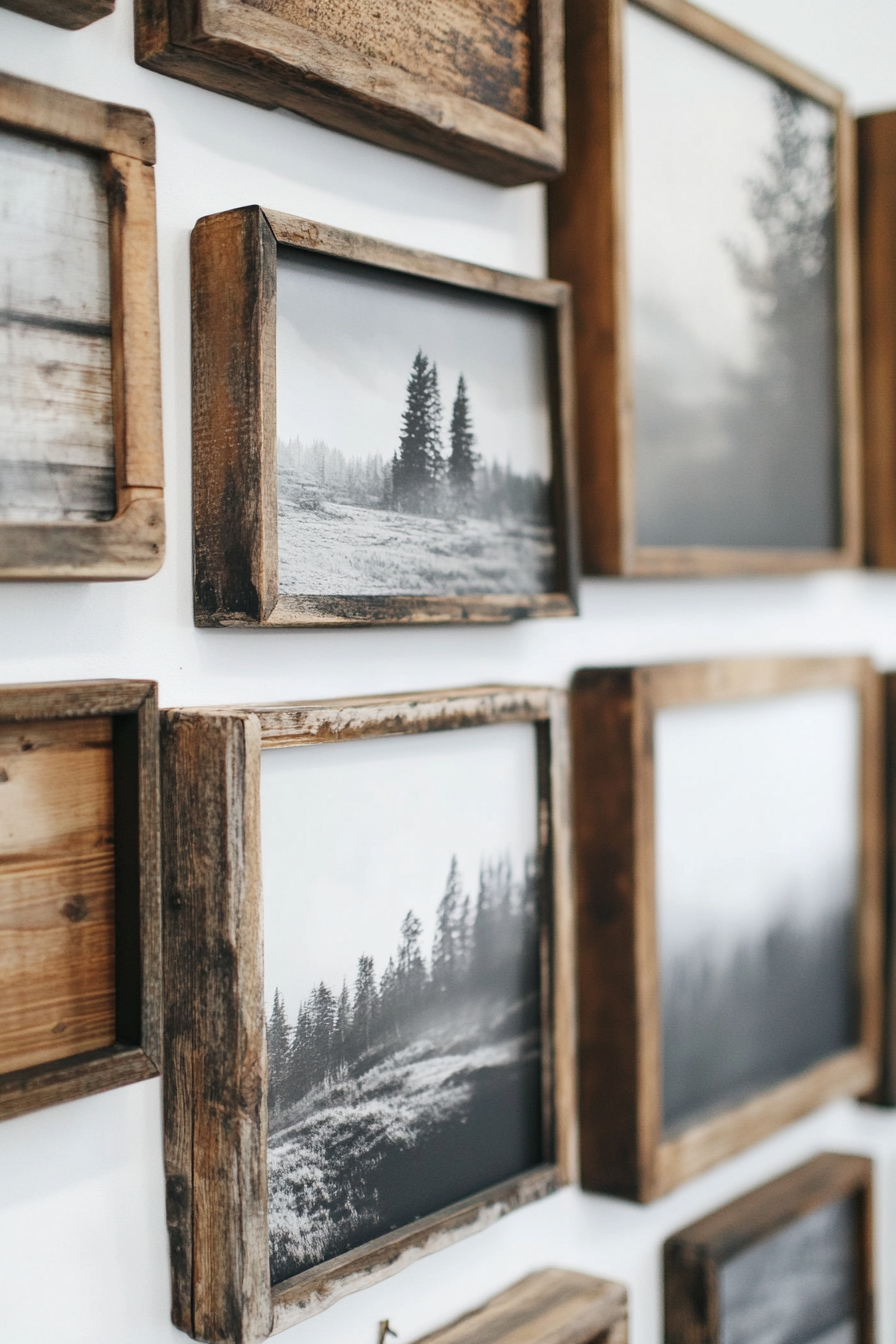 DIY wall décor. Rustic wooden frames with monochromatic photography prints.