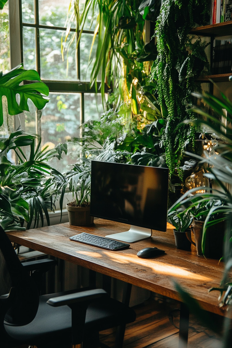 Remote work setup. Wooden desk with green potted plants and black ergonomic chair.