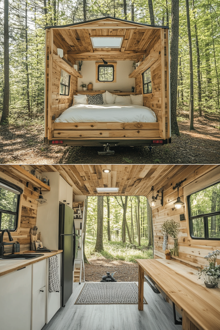 Split image. Tiny House Camper interior paired with springtime forest exterior.