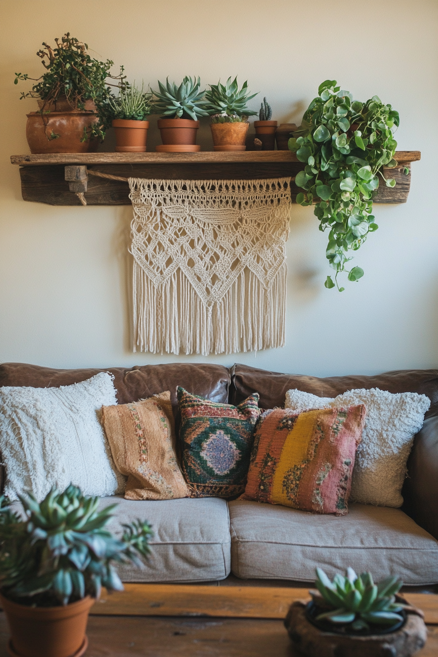 Boho living room. macrame wall art and succulent display on reclaimed wood shelf.