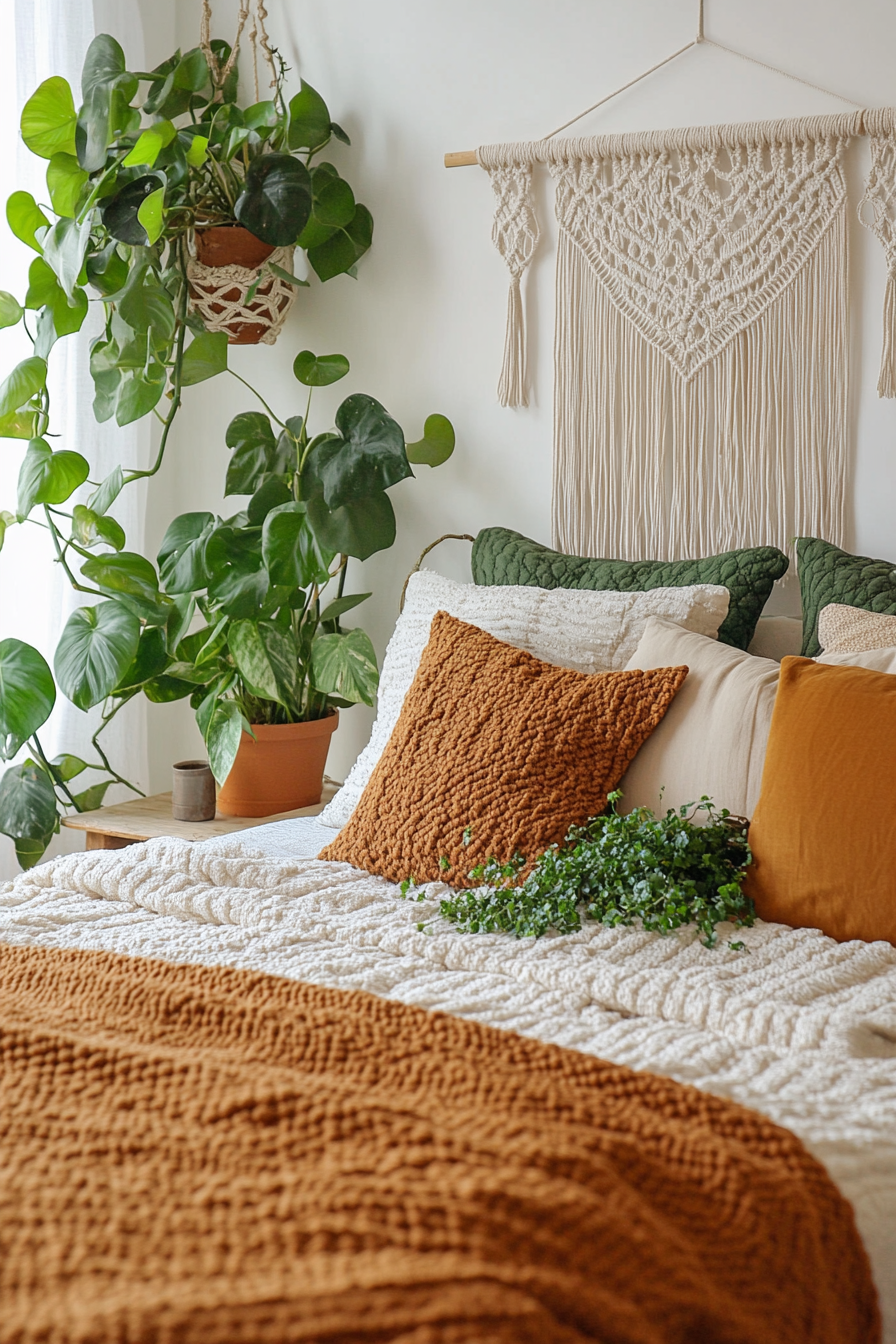 Earthy boho bedroom view. Green potted plants cornered with earth-toned macrame wall hanging.