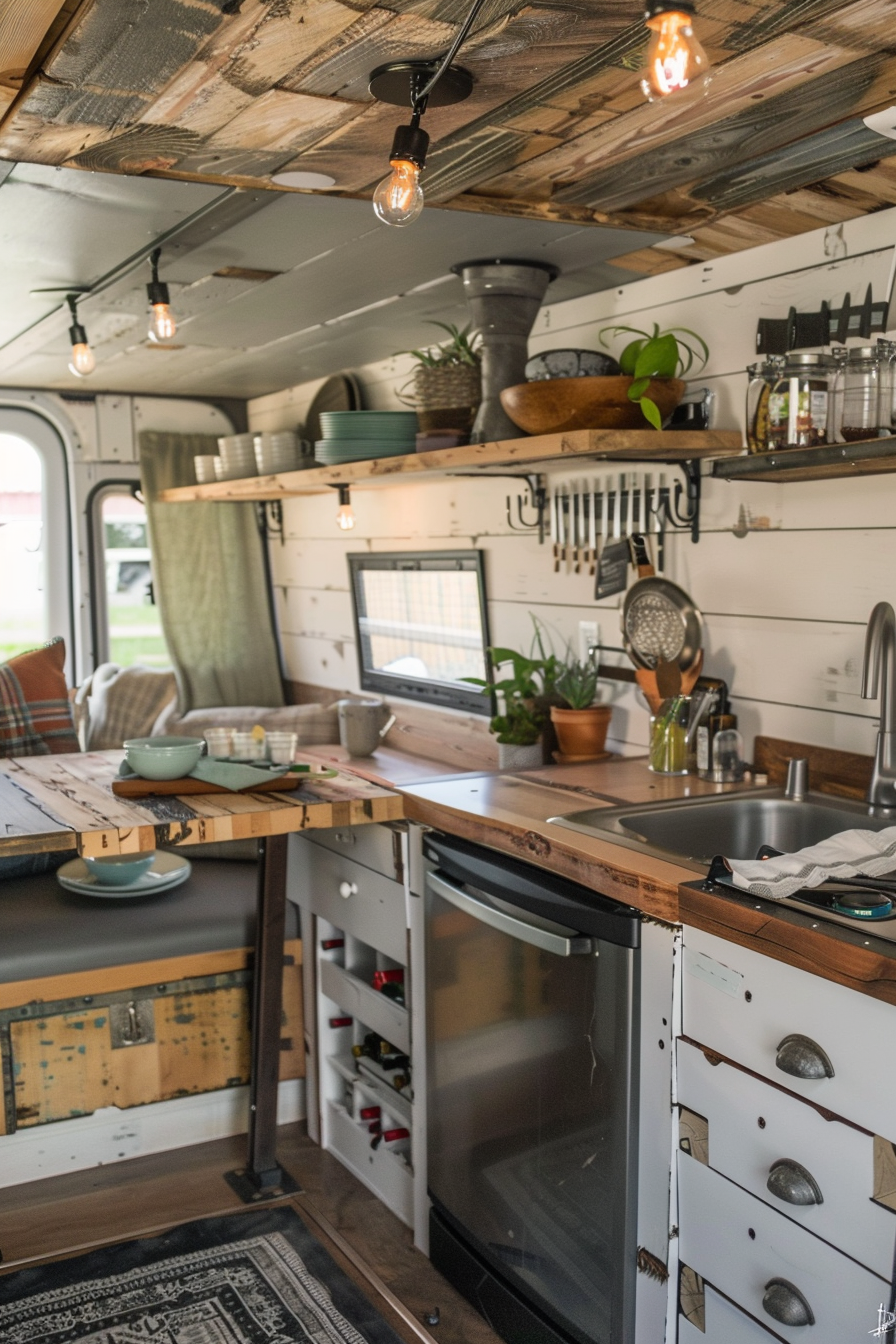 Rustic Camper Van Kitchen. Reclaimed wood countertops and galvanized metal accents.