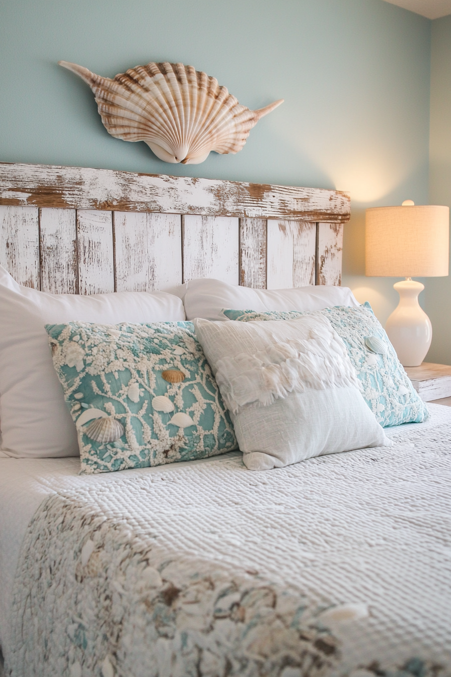 Coastal Bedroom. White driftwood DIY headboard and seashell lamp.