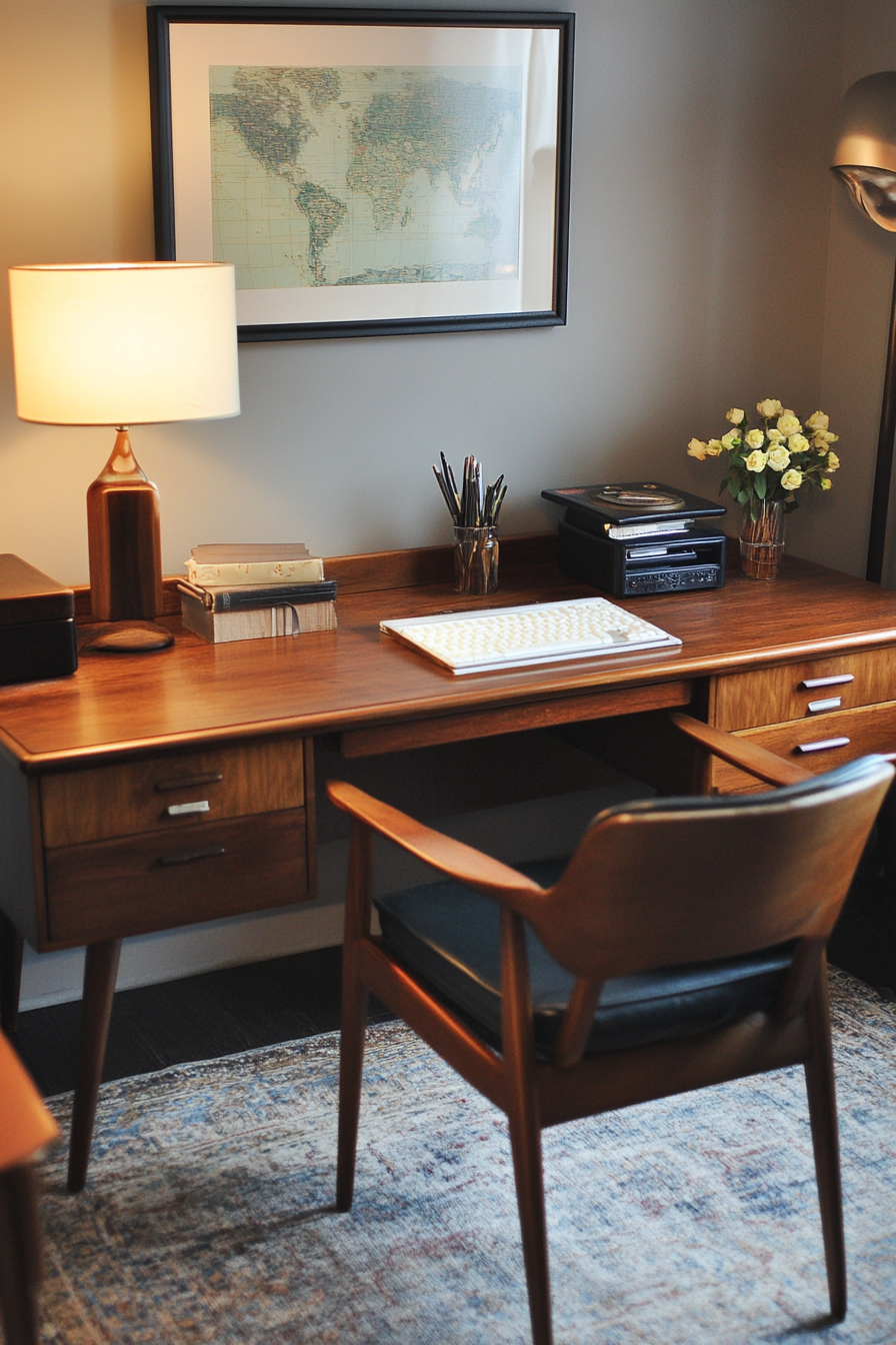 Mid-Century Modern Home Office. Teak desk with vintage accessories