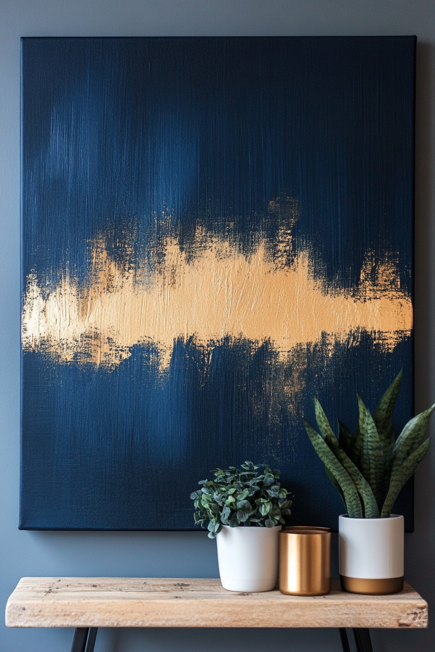 DIY Wall Decor. Abstract brush strokes canvas in midnight blue and gold hues.