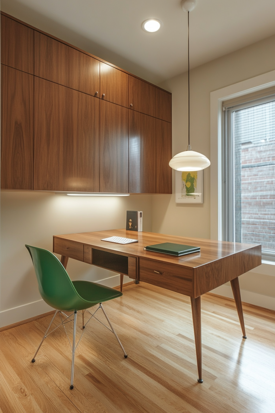 Mid-Century Modern Home Office. Sleek wooden desk with green Eames chair.