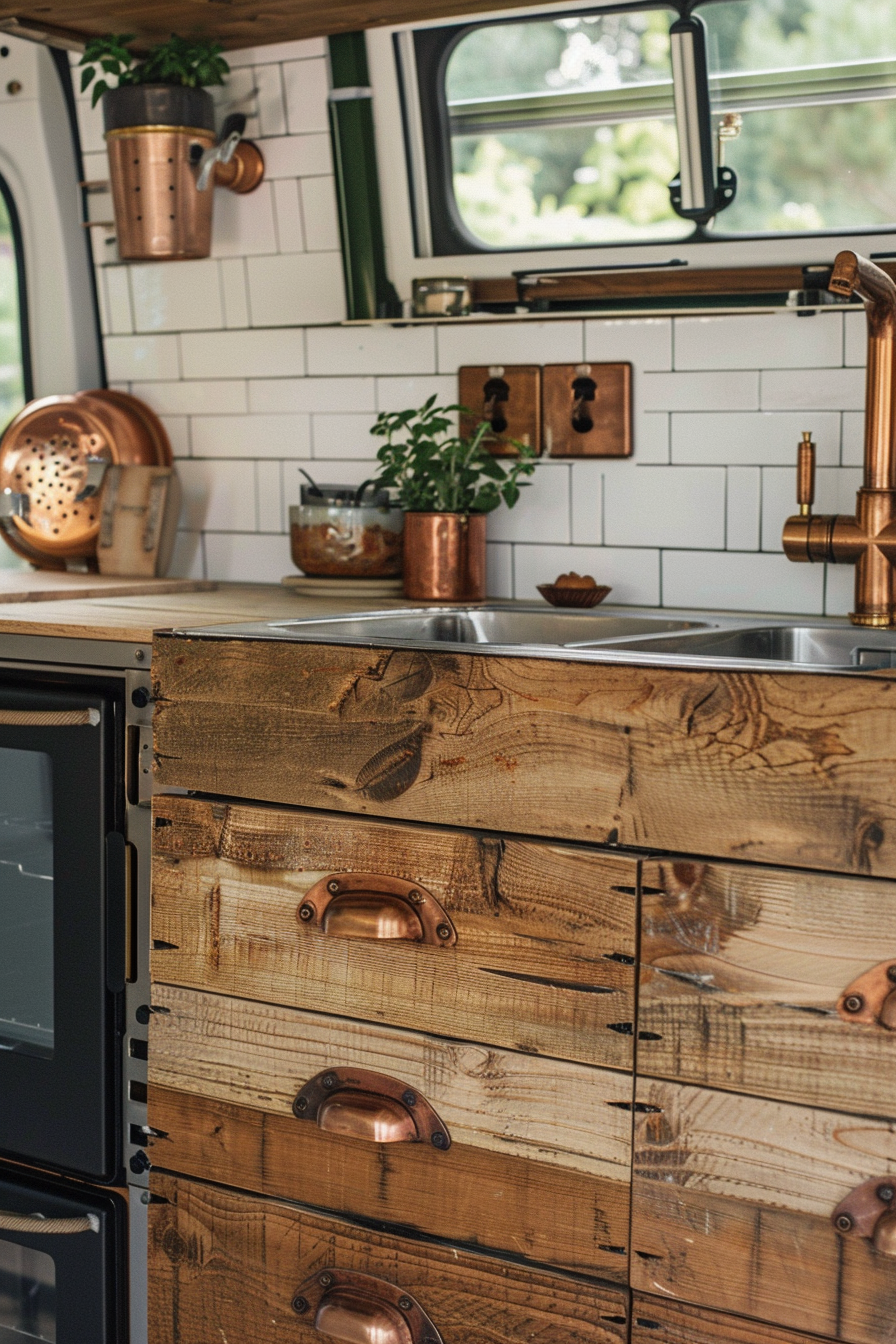 Rustic camper van kitchen. Aged oak cabinets with copper handles.