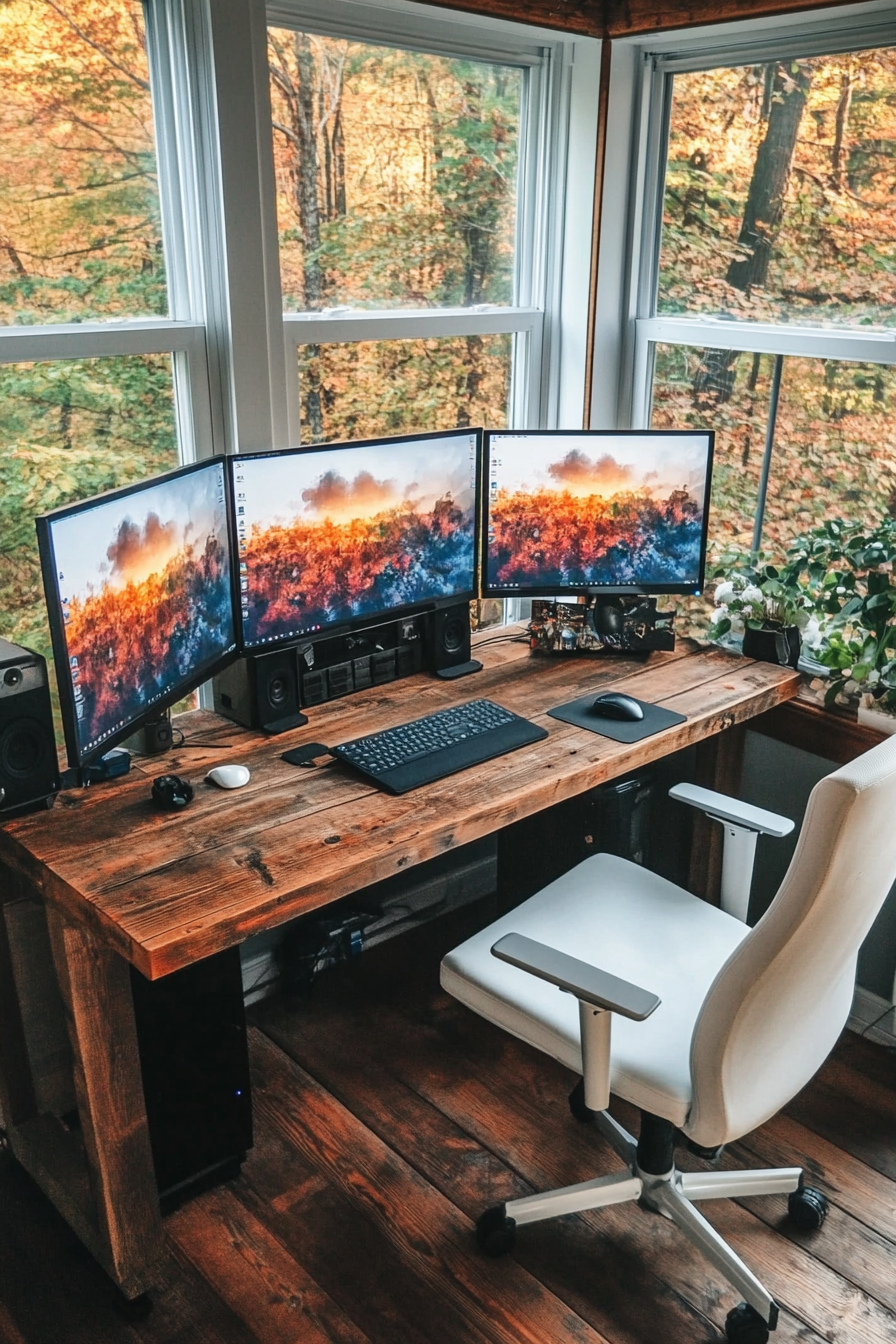 Remote work setup. Rustic wooden desk with white ergonomic chair and dual monitors.