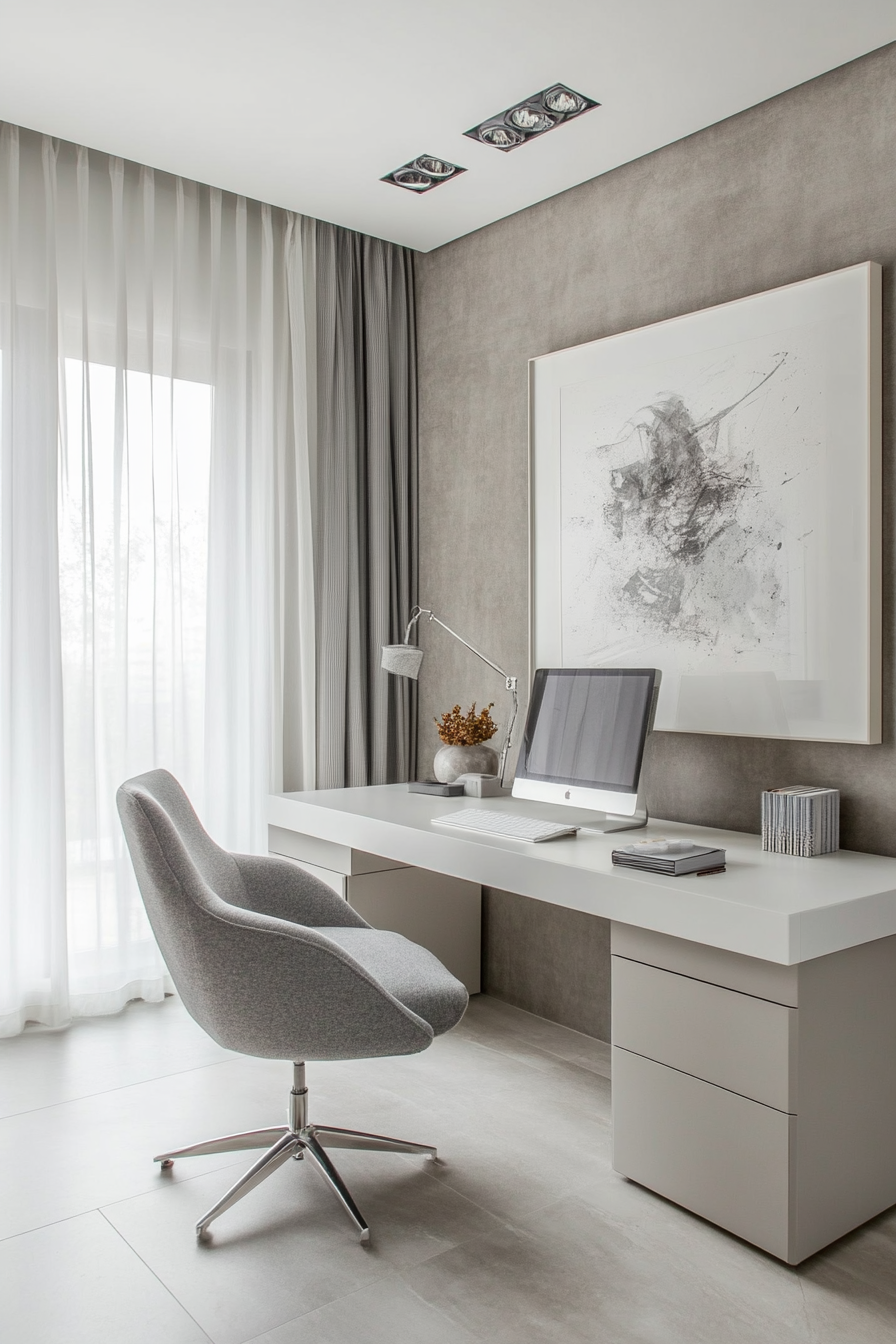 Home office inspiration. Sleek white desk paired with an ergonomic gray chair.