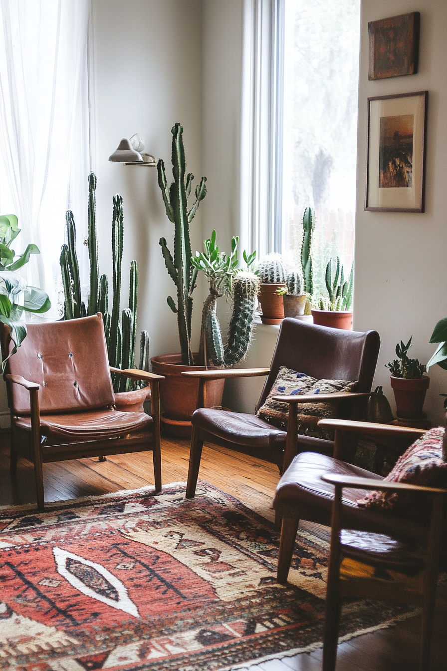 Living room inspiration. Kilim rug with vintage cacti corner.