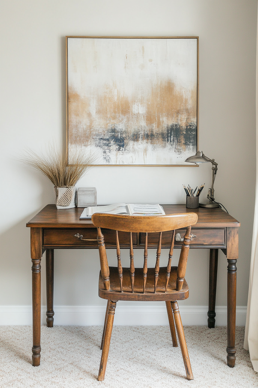 Home office design. Compact desk with vintage wooden chair and abstract wall artwork.