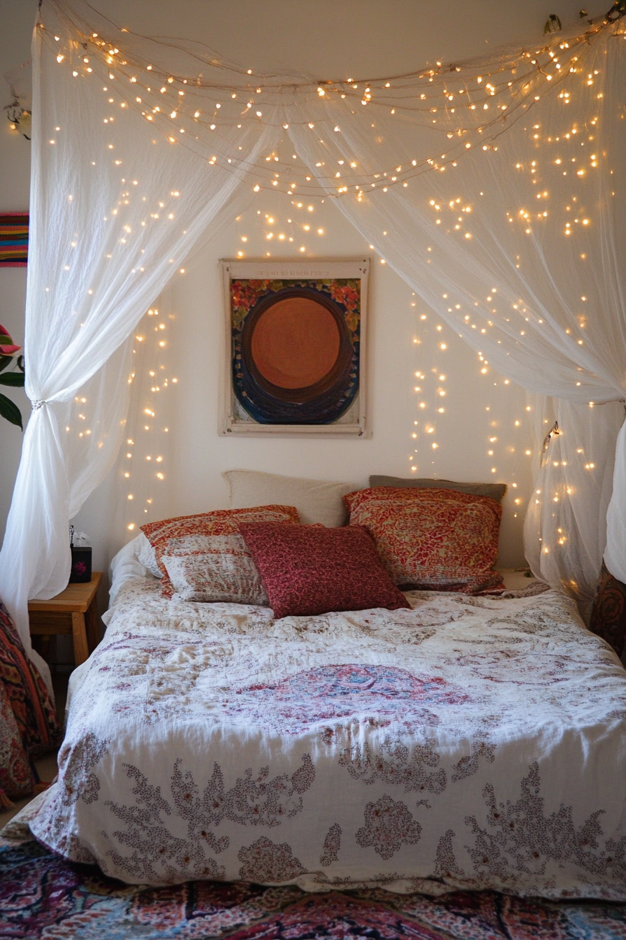 Boho whimsical bedroom. White voile canopy, rose gold fairy lights, paisley linens.