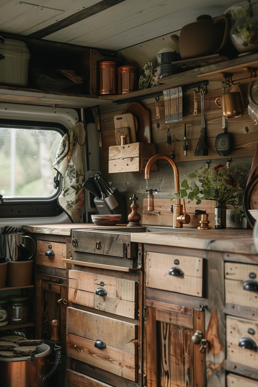 Rustic Camper Van Kitchen. Wooden cabinets with copper handles.