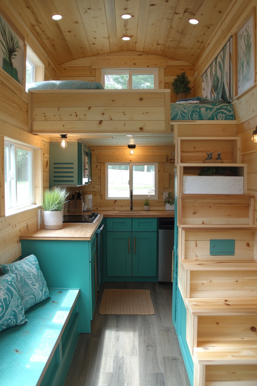 Tiny House Camper. Pine interior with teal exterior split-image view.