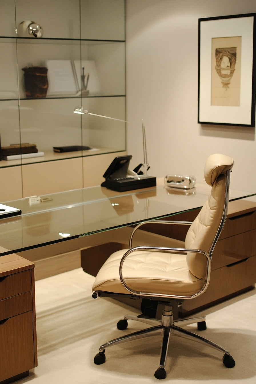 Home office inspiration. Glass-top desk with beige ergonomic chair.