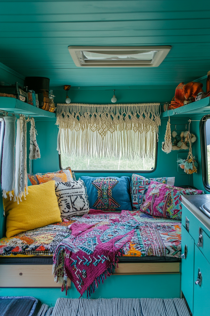 Camper interior. Turquoise wall with macrame hangings and multicolored tribal print cushions.