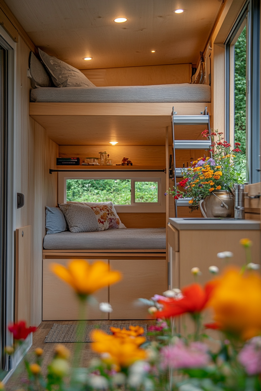 Splitted image. Tiny house camper interior with a cozy loft bed, exterior with vibrant flowers.