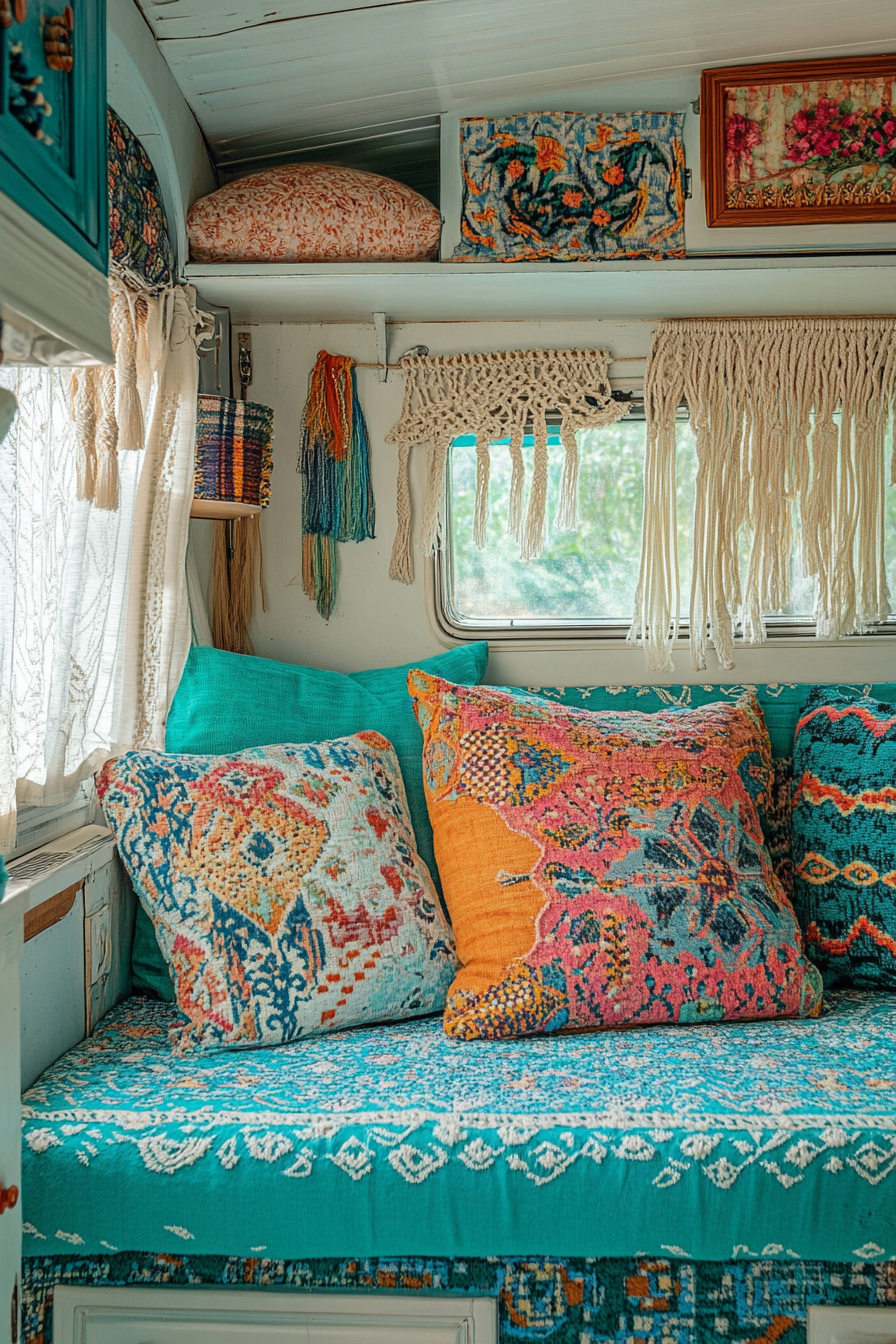 Camper interior. Turquoise upholstery with multi-patterned throw pillows and hanging macramé.