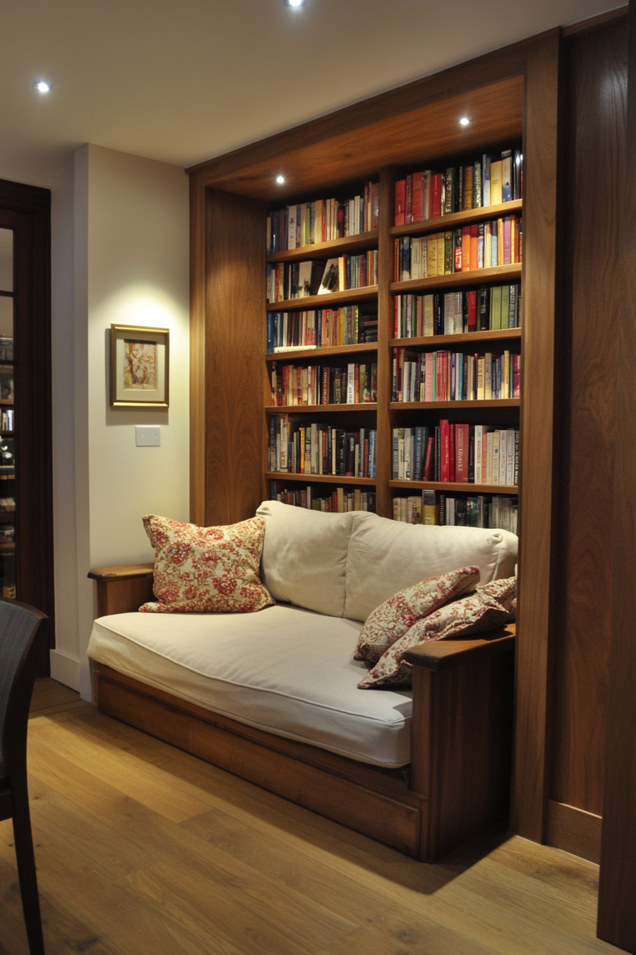 Living room design. Wall-to-wall bookcase incorporating a compact fold-out sofa.