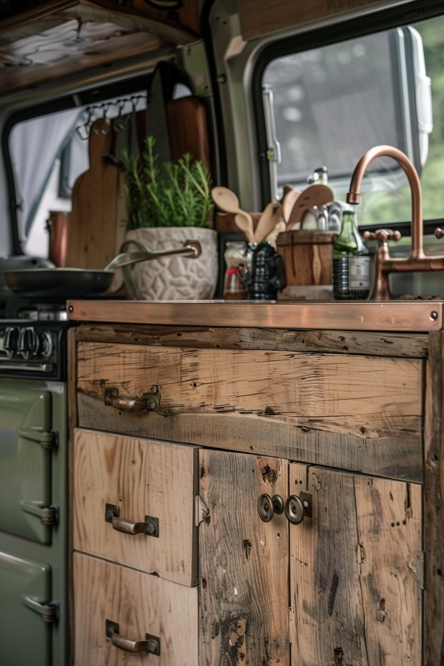 Camper van kitchen. Rustic wooden cabinets with brushed copper handles.