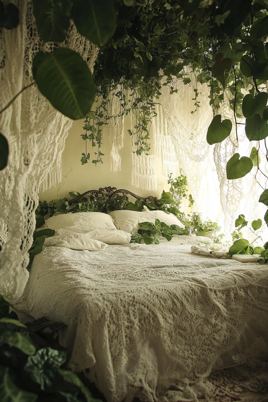 Boho bedroom. Vintage lace canopy, macramé wall hanging, leafy green plants.