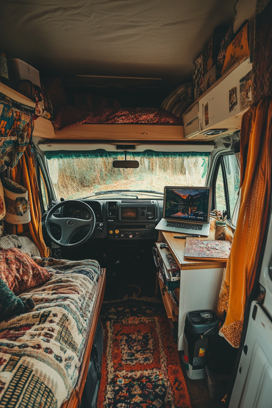 Camper van. Hippie patterns, office space with desktop computer near convertible bed.