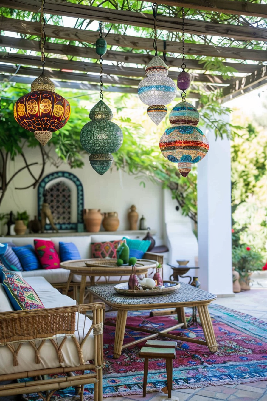 Chic boho patio. Rattan furniture glistening under hanging colorful Moroccan lanterns.