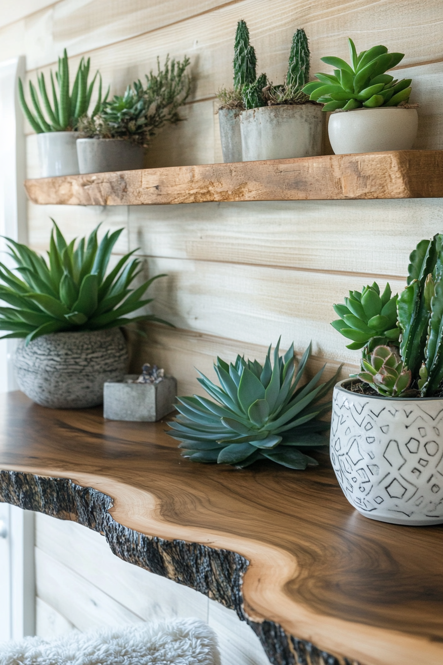 Remote work setup. Wooden desk with succulent plants against a shiplap wall.