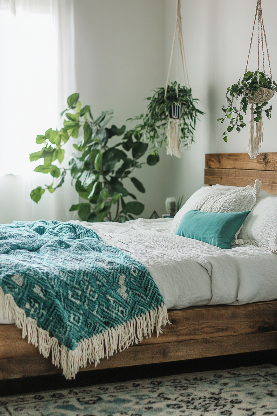 Earthy boho bedroom. Rustic wood bedframe, turquoise throw blanket, hanging macrame planters.