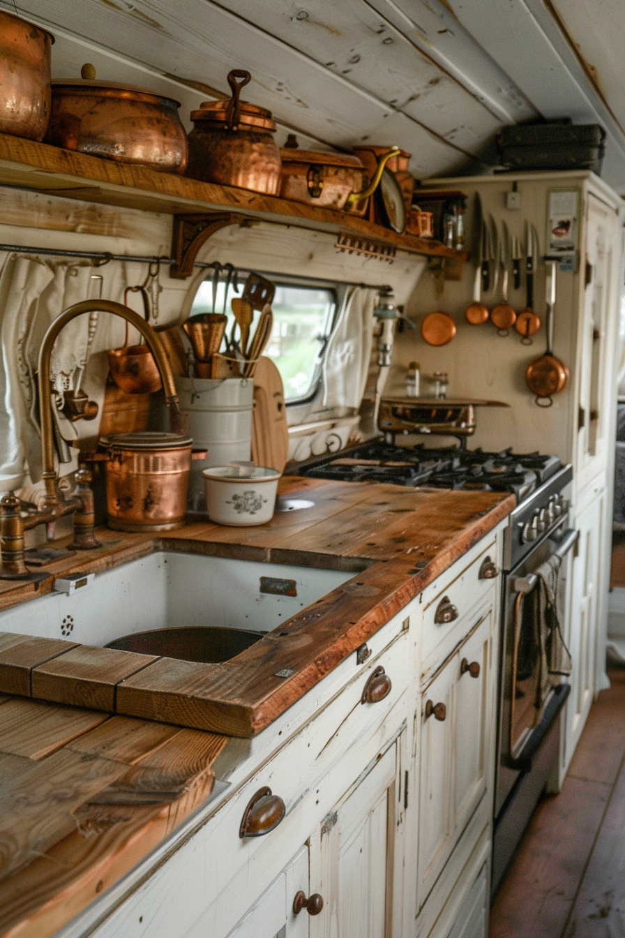 Rustic camper van kitchen. Wood countertops with cream-colored cabinets and copper pots.