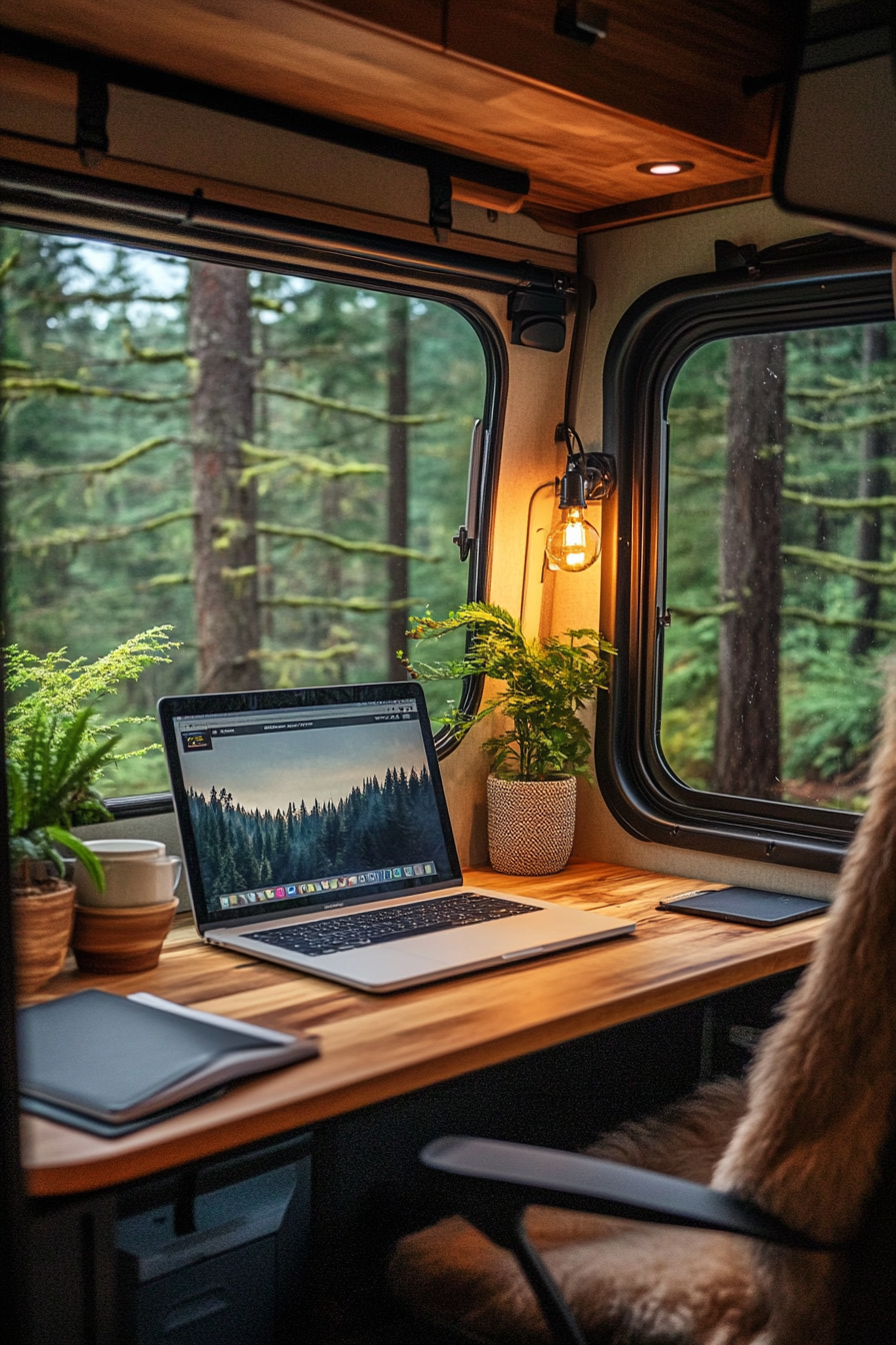 Mobile office in RV. Desk by large window with evergreen forest view.