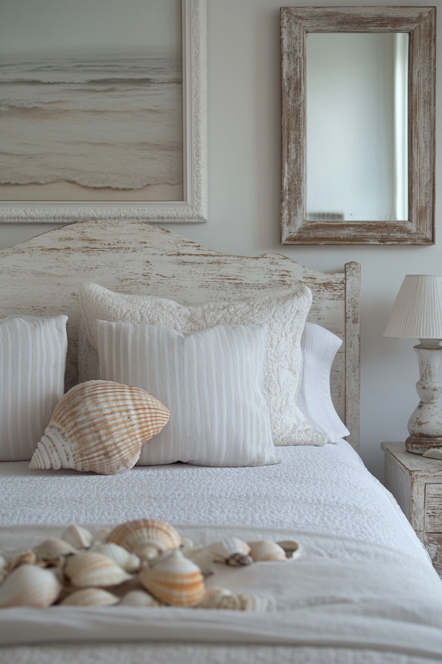 Coastal bedroom. White washed distressed wood bedframe, seashell encased craft mirror.