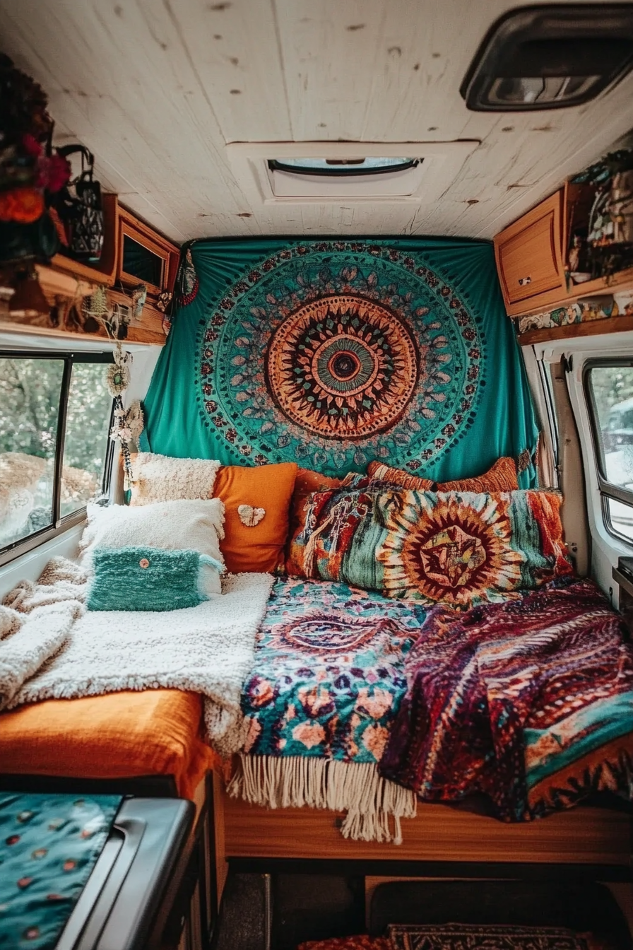 Camper interior. Turquoise wall tapestry, mandala cushions, rainbow-hue sherpa throw.