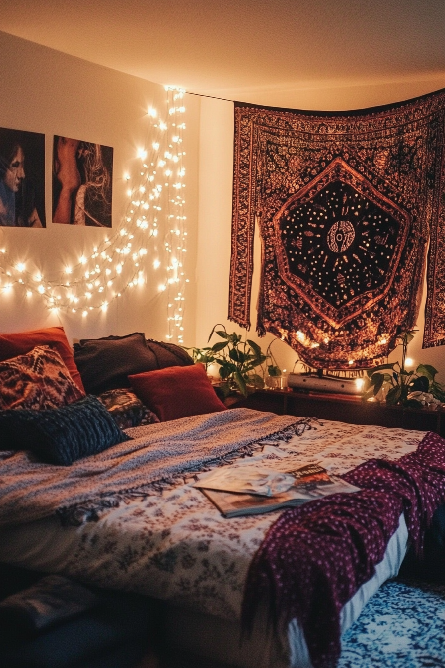 Whimsical boho bedroom. String fairy lights around situated fleetwood mac vinyls.