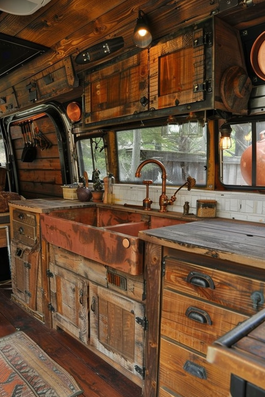 Camper van kitchen. Distressed wood cabinets with copper sink.