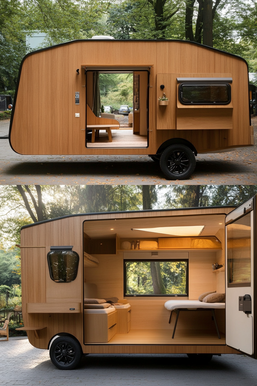 Tiny House Camper. Split-view, wooden exterior with foldable aluminum windows, simplistic inner furniture arrangement.