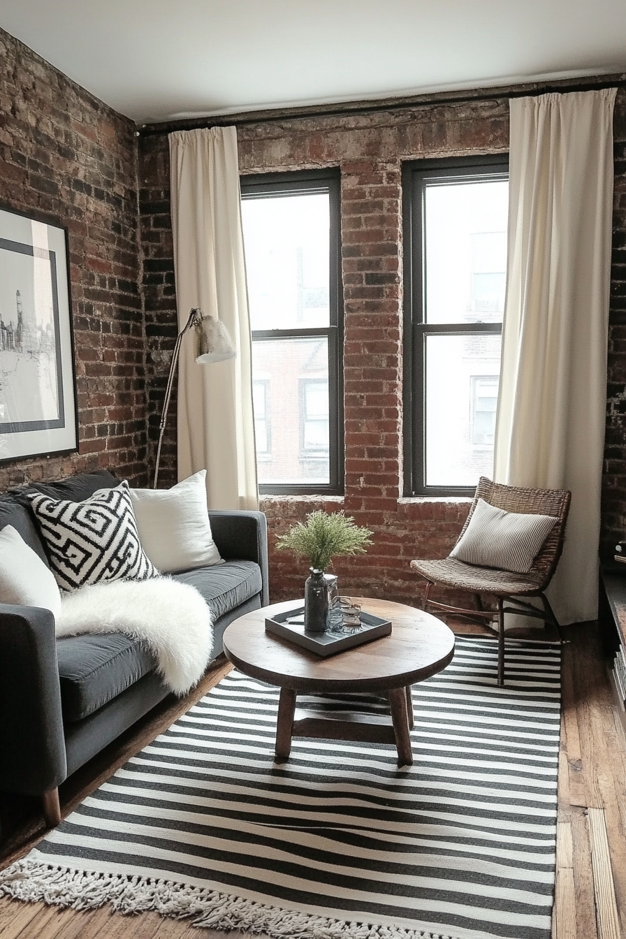 Tiny living room. Wide view, exposed brick wall, narrow vertical stripes. Black, white and gray theme.