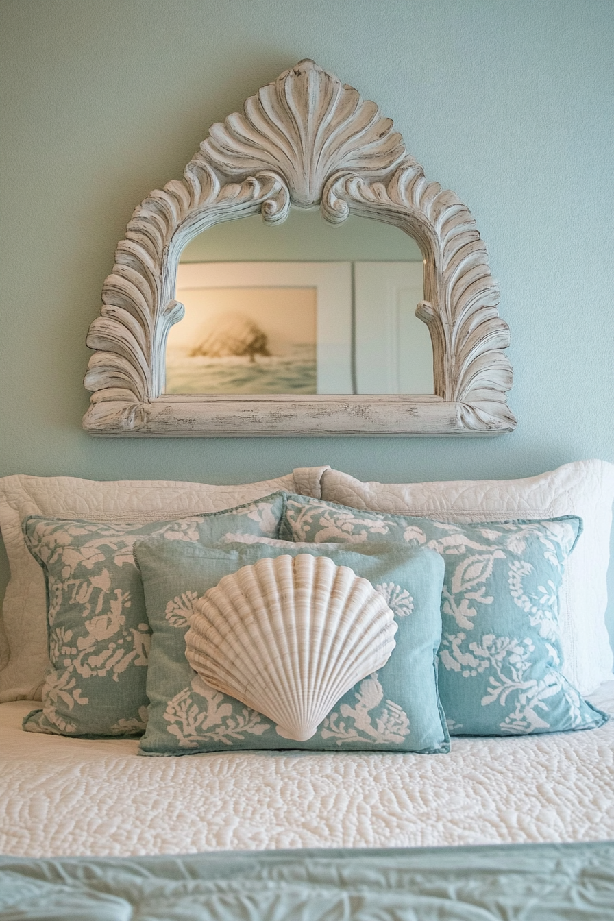 Coastal bedroom. DIY seashell-framed mirror with pale blue bedding.