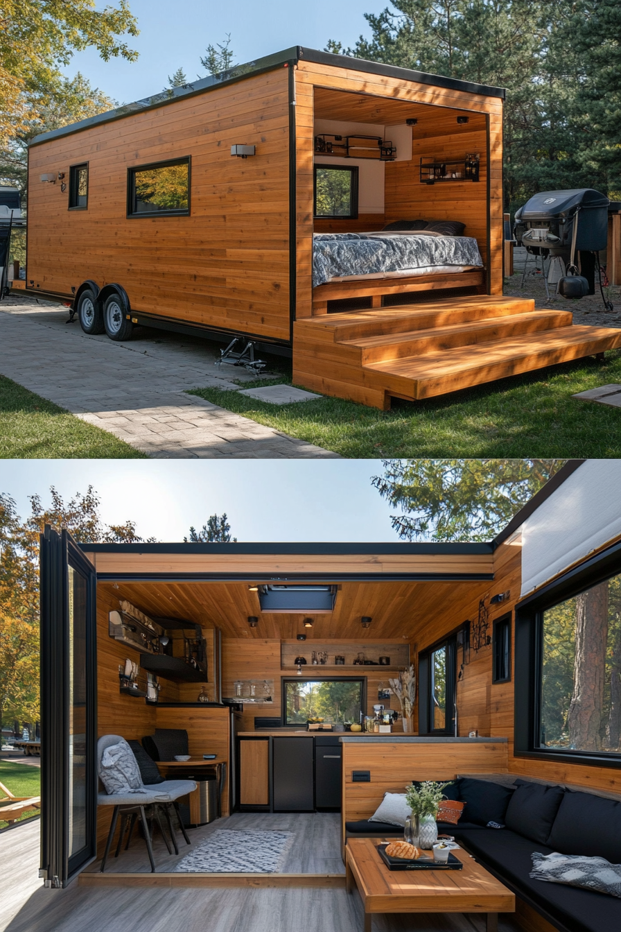 Interior and exterior split image. Wood-paneled tiny house camper with attached fold-up terrace.