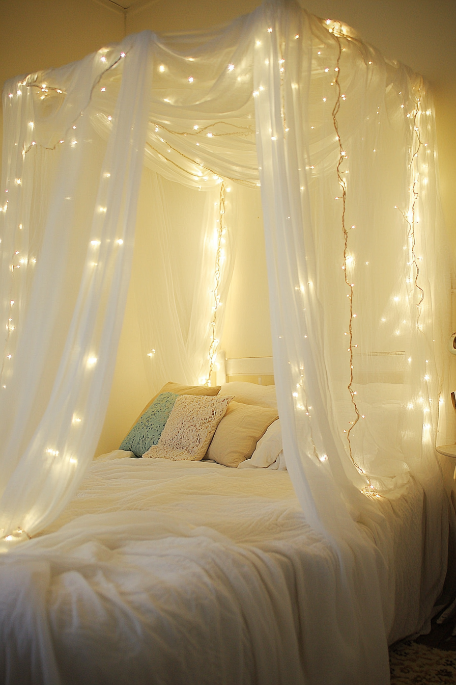 Boho-whimsical bedroom. White draping canopy adorned with warm-glow fairy lights.