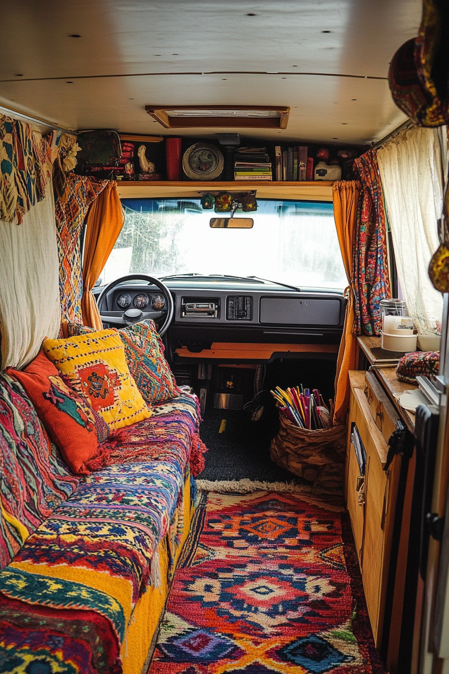 Camper van. Volkswagen Bus converted into a mobile office, draped with vibrant patterned throws.