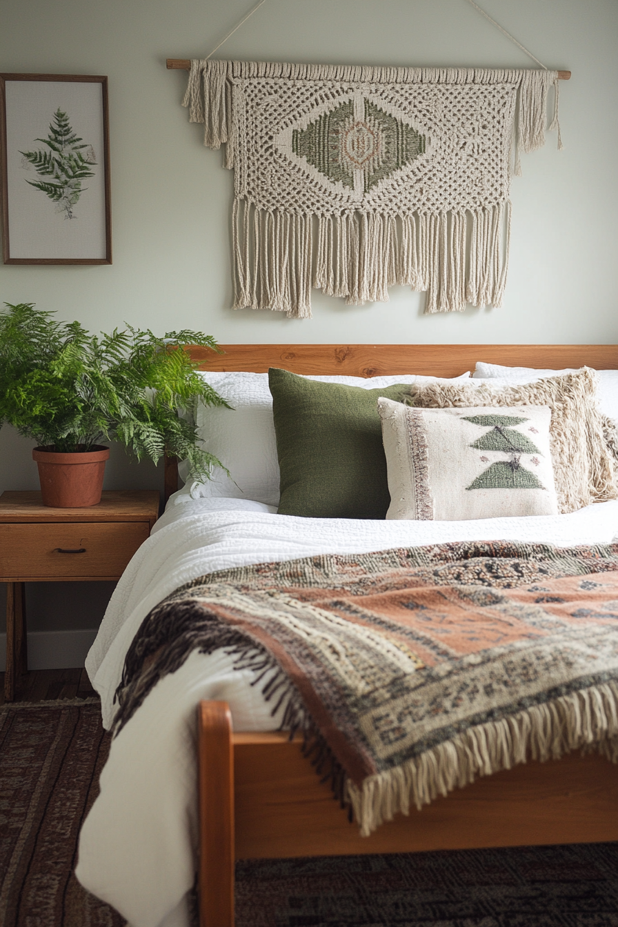 Earthy Boho Bedroom. Moss green macrame wall hanging over oak wood bed with potted ferns.