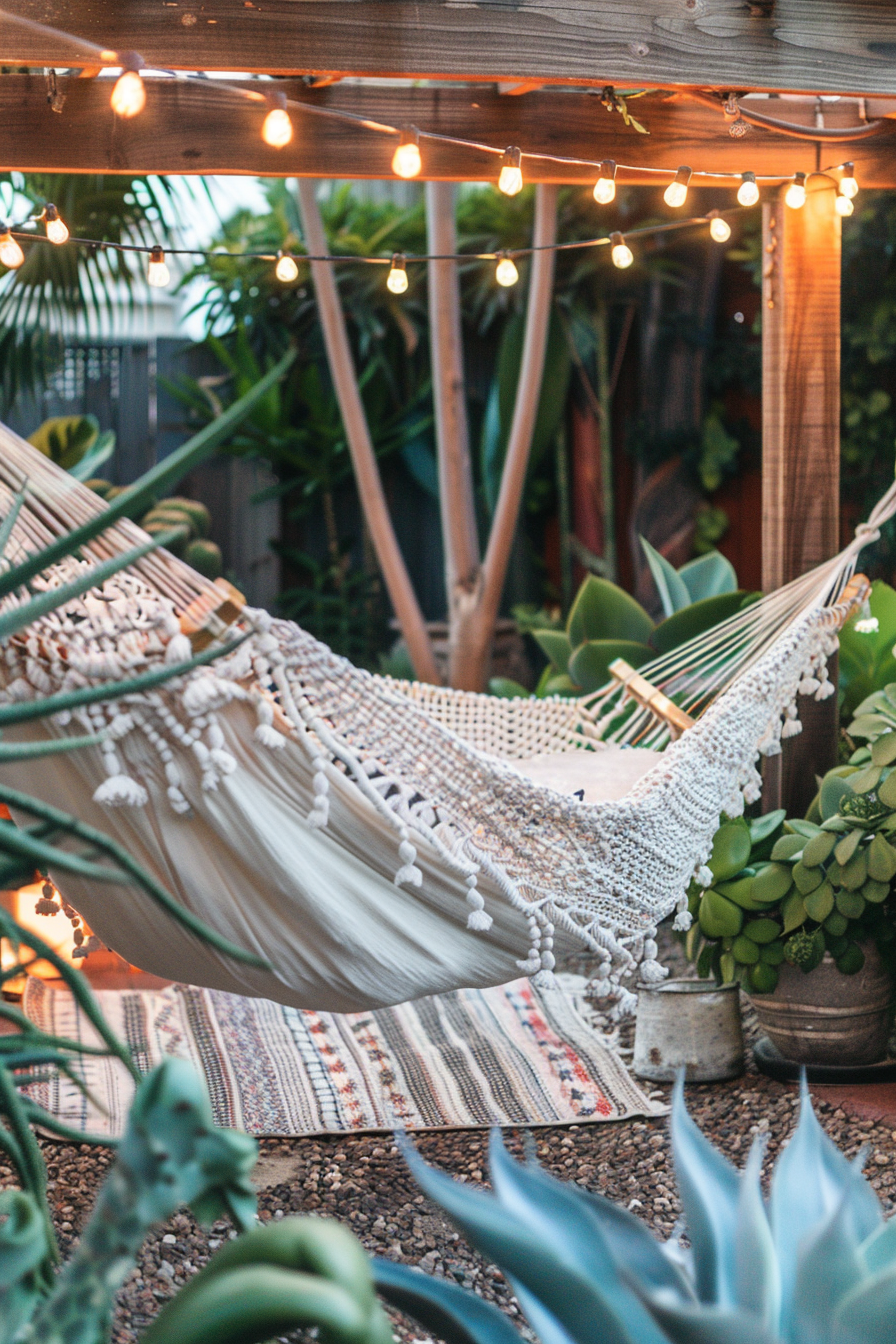 Chic Boho patio. White hammock draped under string lights with succulents.