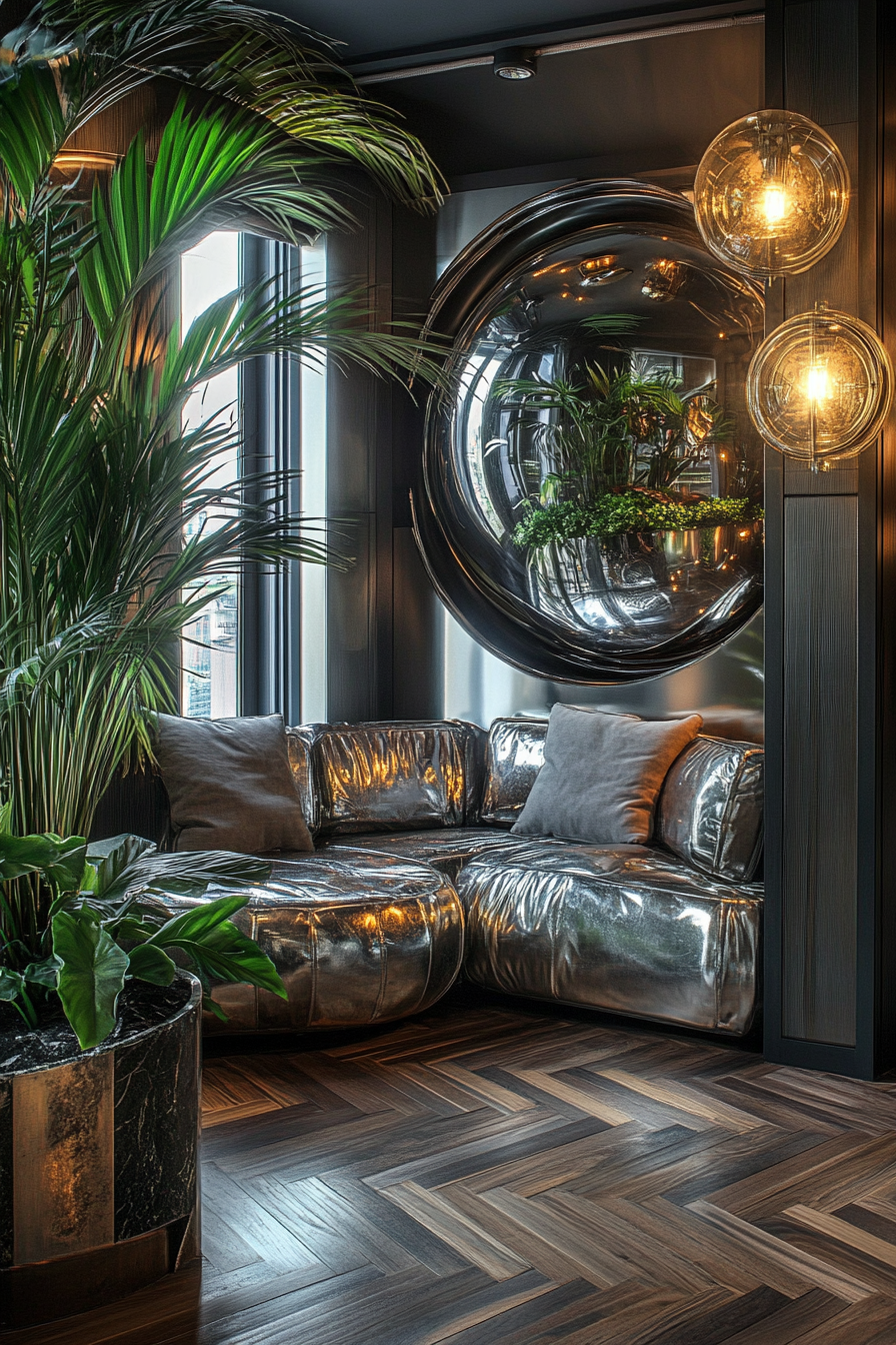 Urban tiny living room. Futuristic chrome decor, herringbone pattern hardwood floors, lush ming aralia plants.