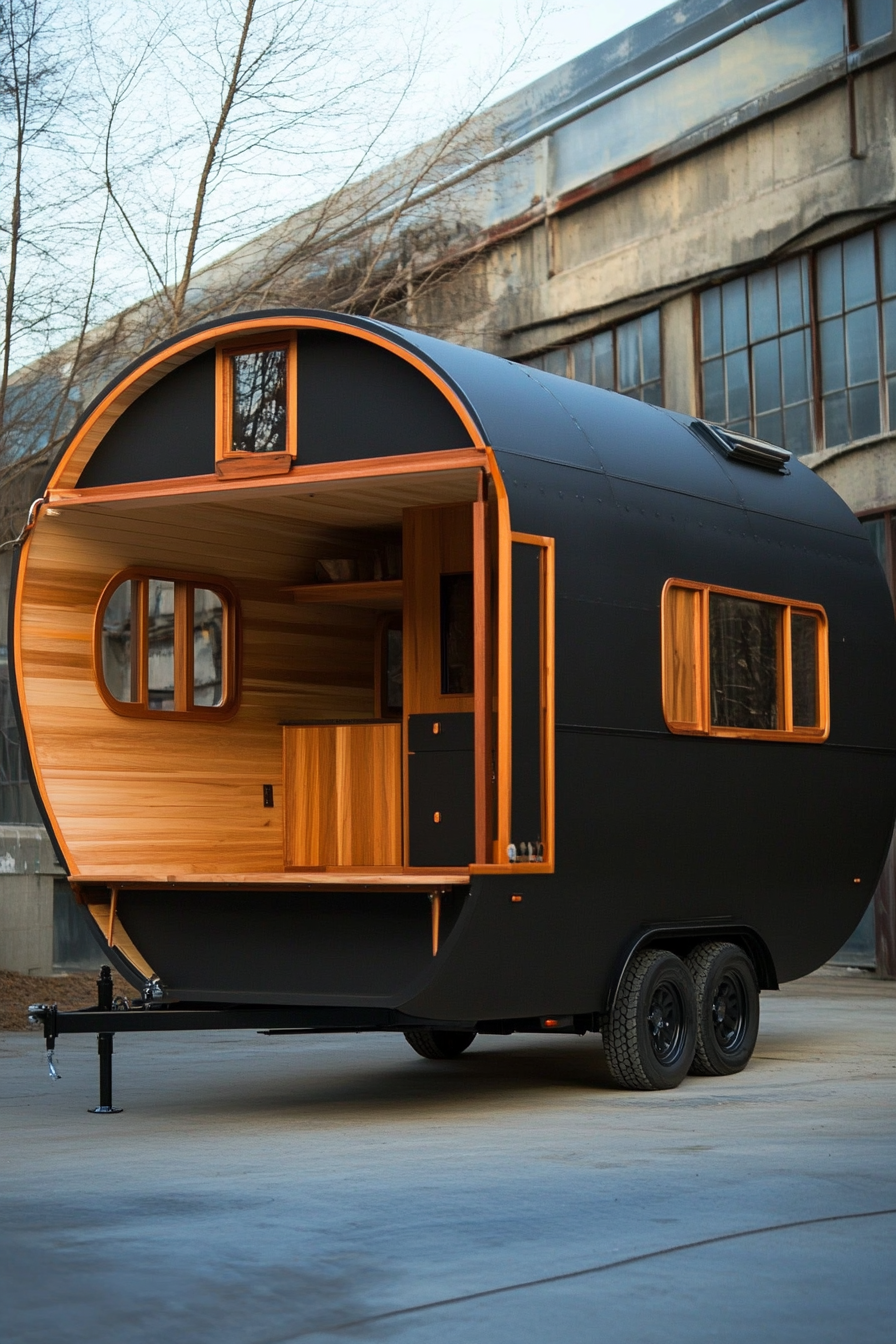 Tiny House Camper. Matte black exterior with cedar interiors.