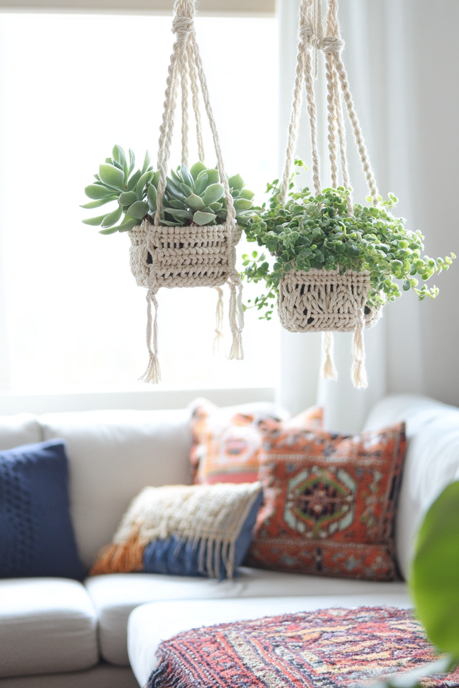 Boho living room. Macrame hanging planters with succulents.