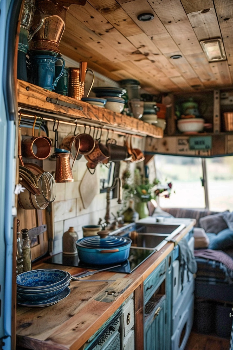 Rustic camper van kitchen design. Suspended copper mugs, weathered oak panels, blue enamel cookware.